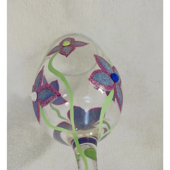2 Saints HAND PAINTED 9" WINE GLASS Sparkle Violets Flowers w Bling Diamonds - Picture 10 of 16